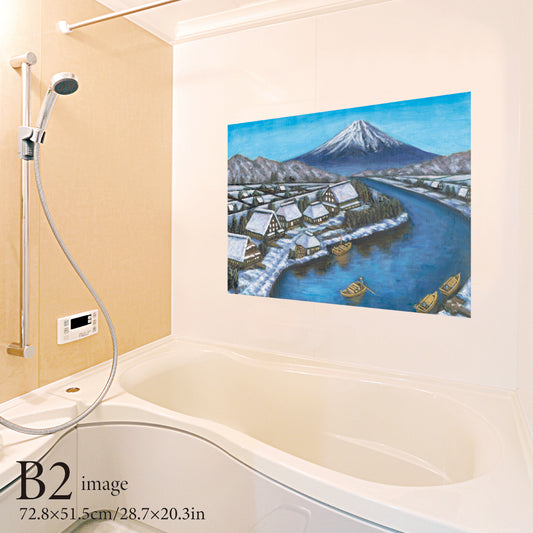 雪の合掌の家と富士山(銭湯画)