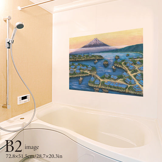 甍(いらか)の家と紅富士(銭湯画)