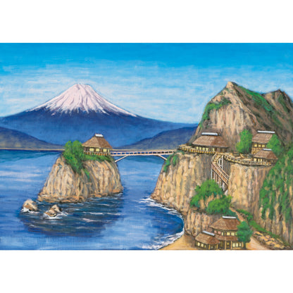 お風呂ポスター 崖の上の古民家と富士山(銭湯画)